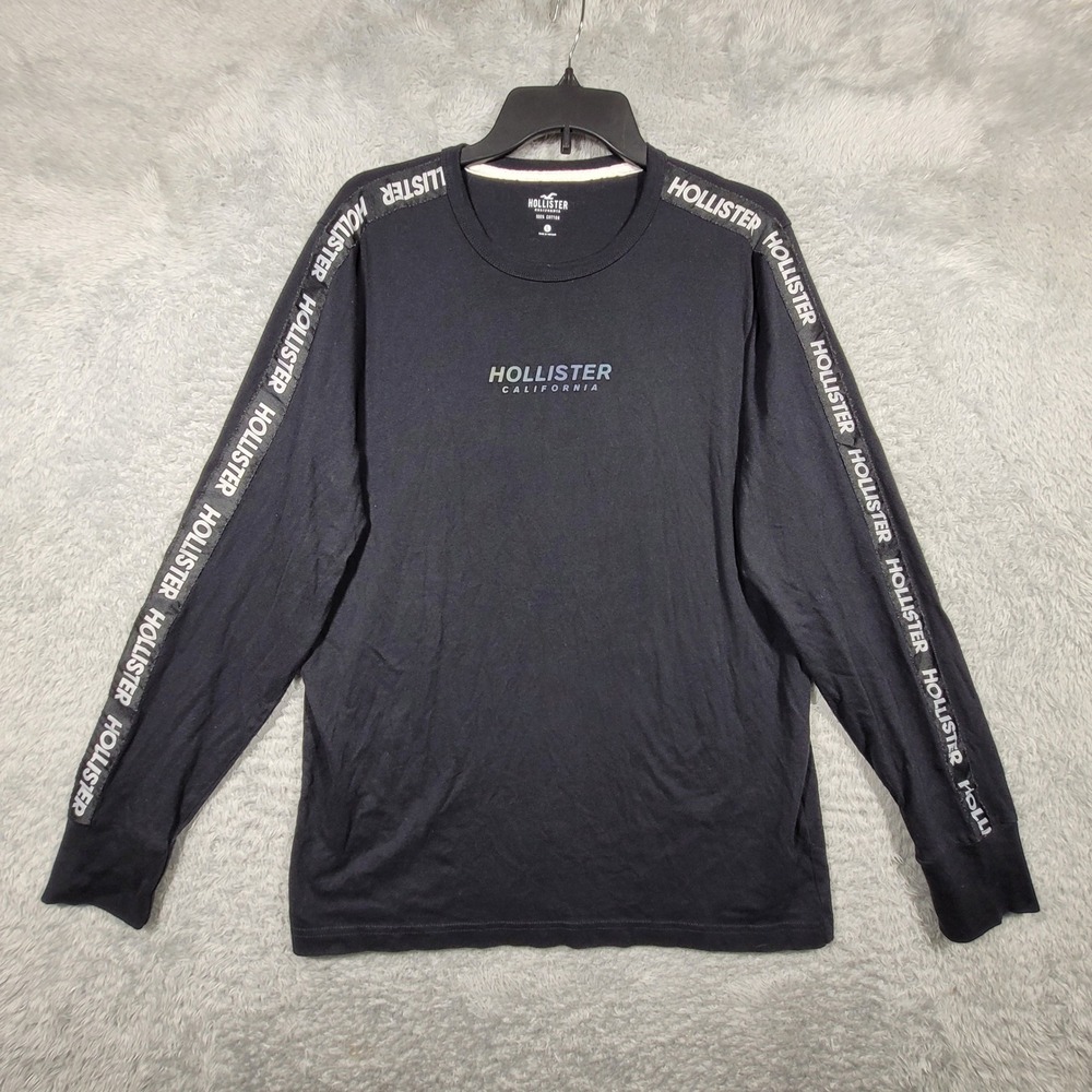 Hollister Shirt Mens Large Black Long Sleeve Logo Band Down Sleeves